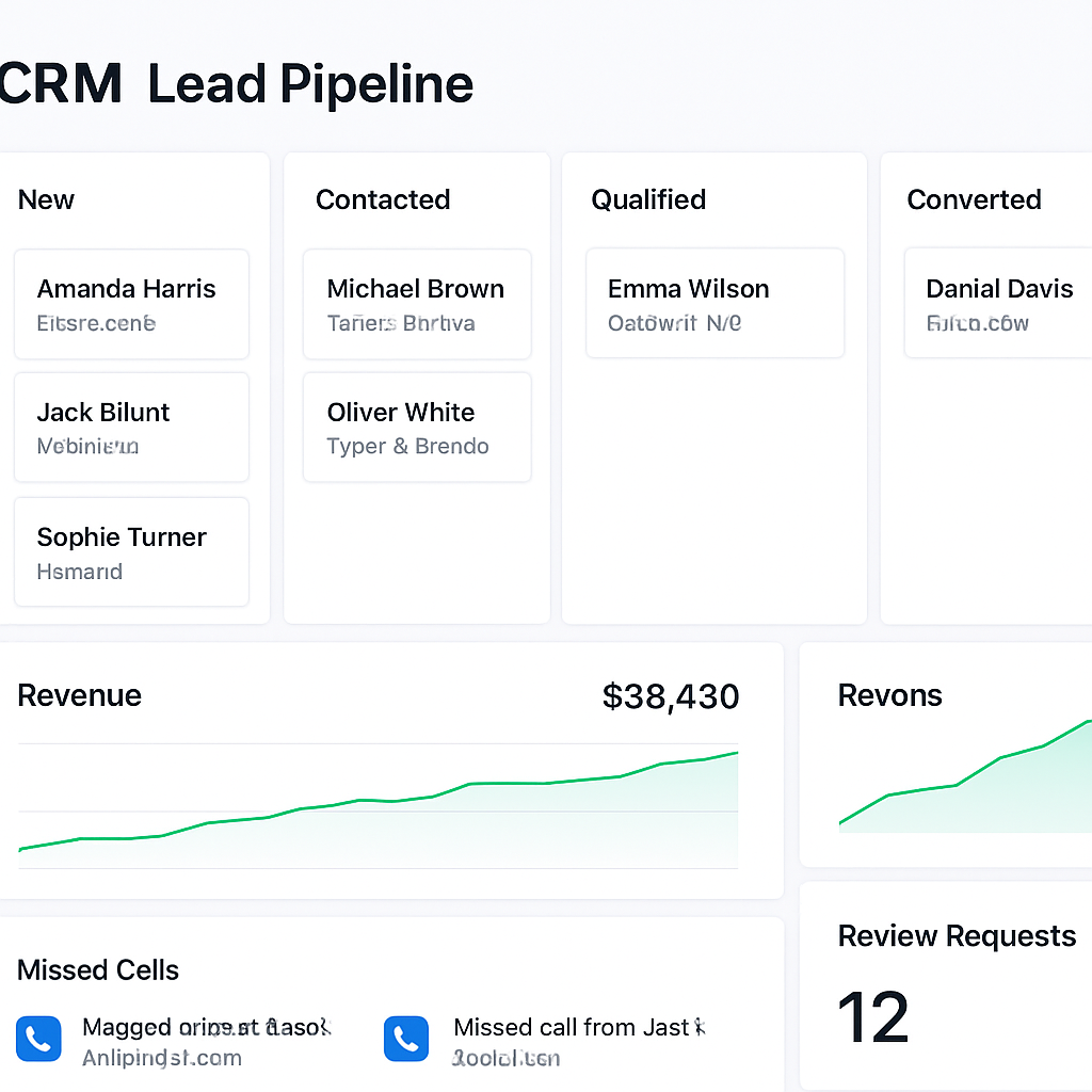 Lead pipeline dashboard showing captured leads, revenue growth, and review requests