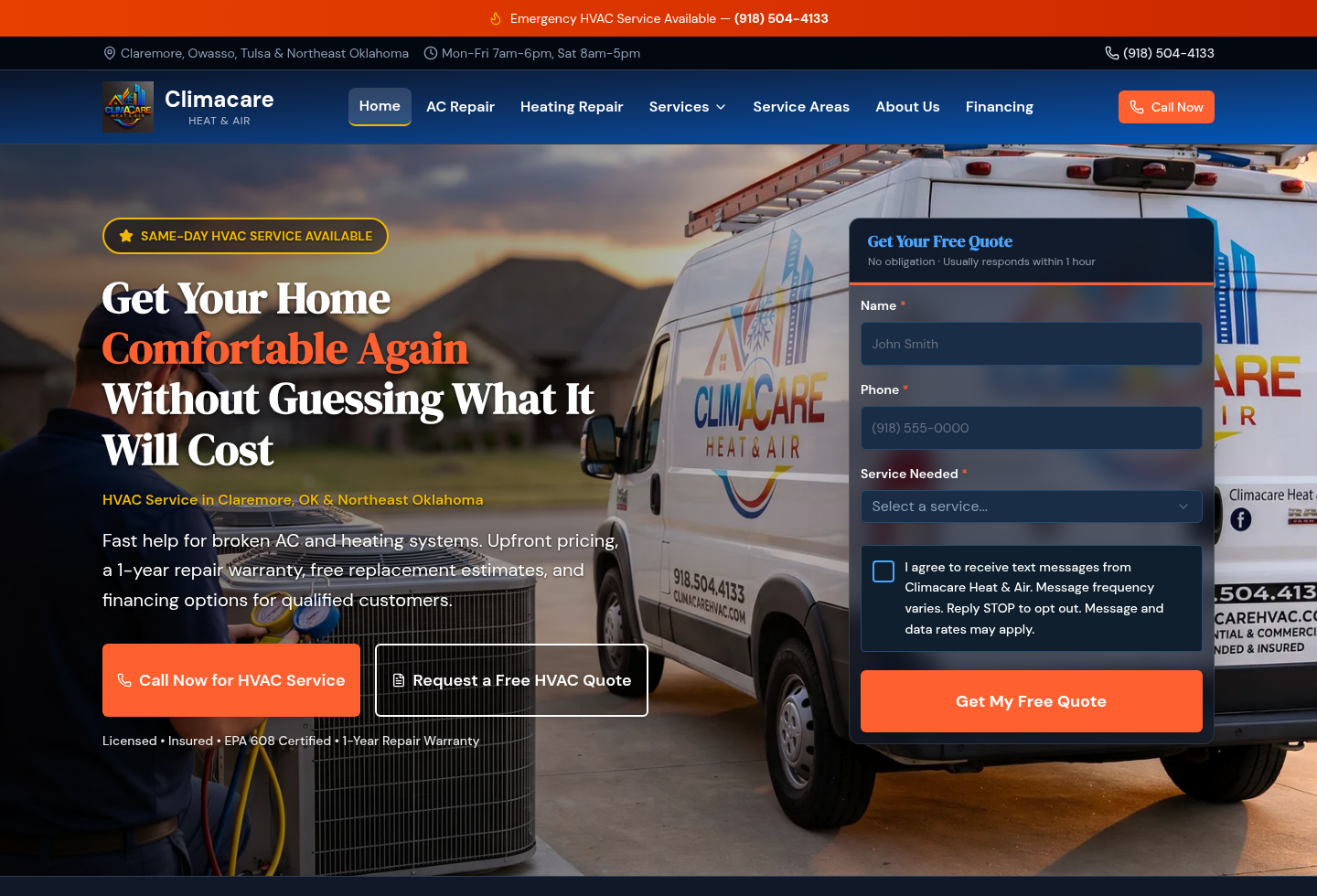The live Climacare Heat and Air website built by MurdockOps