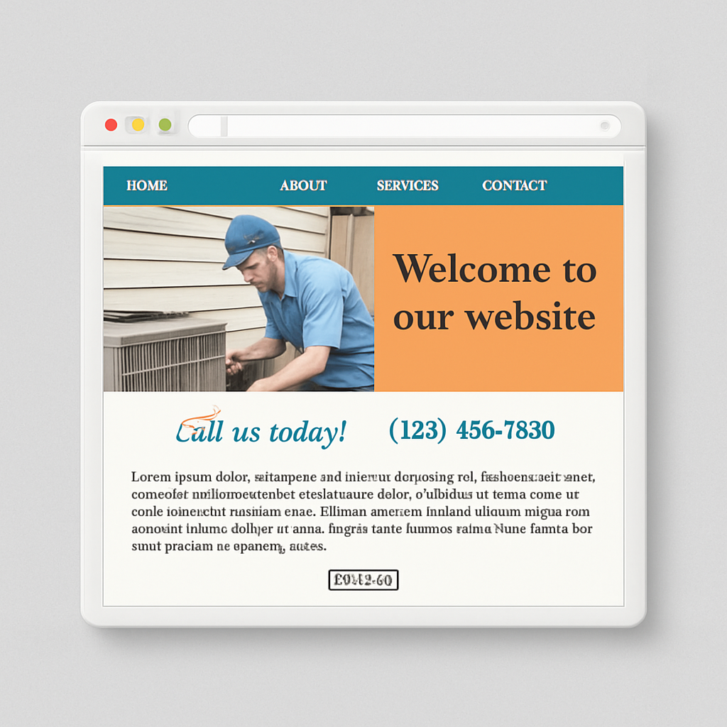 Outdated, cluttered GoDaddy website-builder homepage for a local HVAC company